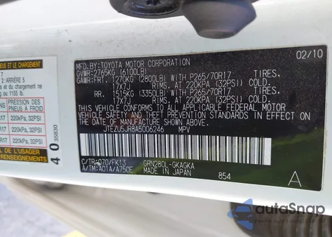 2010 Toyota 4Runner Sr5 V6 from USA, damaged, VIN JTEZU5JR8A5006246